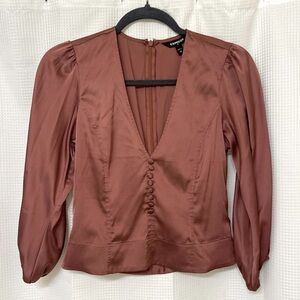 Express Dusty Rose Satin V-Neck Long Sleeve Work Top